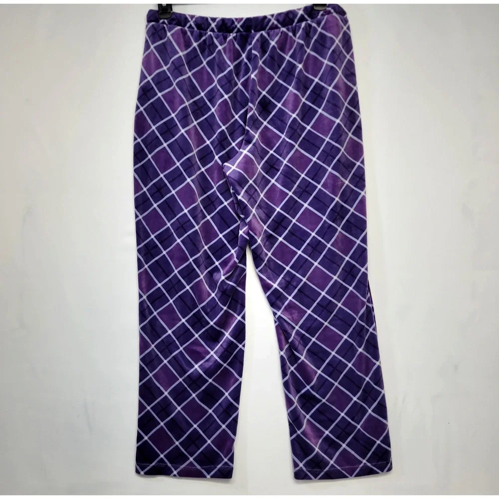 Muk Luks Pajama Set Womens Petite XL Purple Plush Argyle‎ Soft Sleepwear Lounge